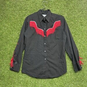 VINTAGE Rockmount Ranch Wear Shirt Mens 34 Black Fringe Western Rodeo Snap